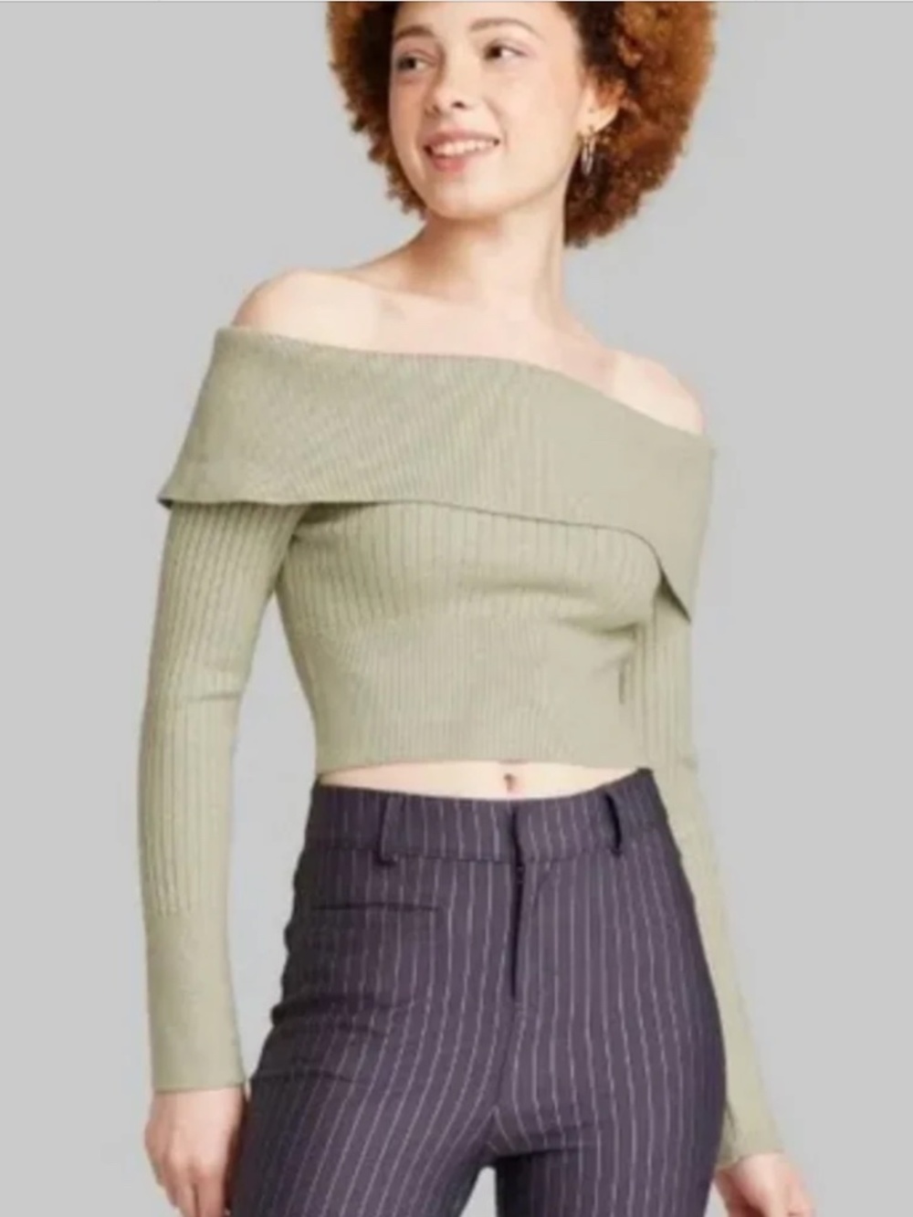 Wild Fable Off The Shoulder Cropped Mint Green Sweater
